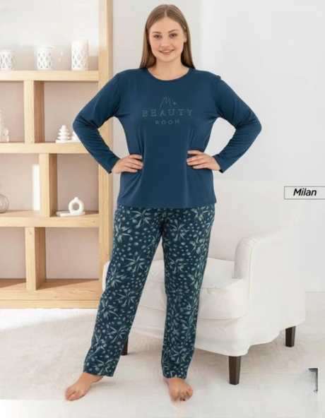 Pijamoni Kadın Milan Büyük Beden Bisiklet Yaka Uzun Kol İnce Pijama Takımı 7666/40 - 1 Adet  3XL Petrol ürün görseli 1