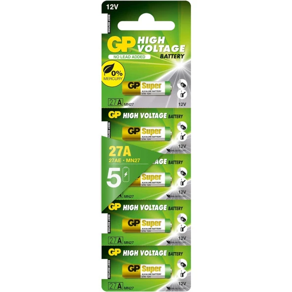 Gp Batteries Gp27A Süper Alkalin 27A/Mn27 Boy Pil, 12 Volt, 5'Li Kart ürün görseli 1