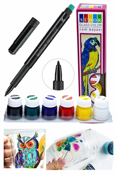 Cam Boyası 6 Renk 15 ml ve Siyah Kontur Kalemi 1 Paket Cam Vitray Boyama Seti Cam Boyama Seti Hobi Sanatsal ürün görseli 1