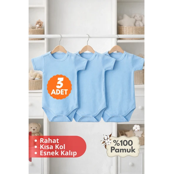 2-12 Yaş 3'lü Mavi Bebek Çocuk Body %100 Pamuk Esnek Kalıp Kısa Kol Çıtçıtlı Zıbın ürün görseli 1