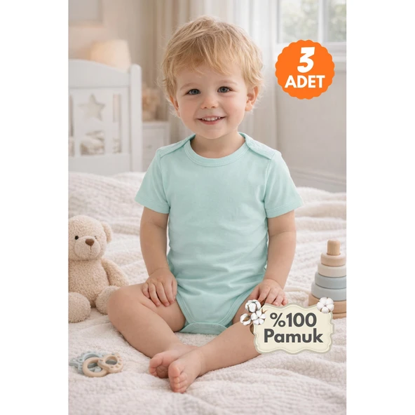 2-12 Yaş 3'lü Yeşil Bebek Çocuk Body %100 Pamuk Esnek Kalıp Kısa Kol Çıtçıtlı Zıbın - Resim 2
