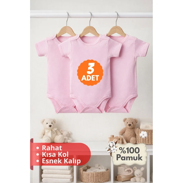 2-12 Yaş 3'lü Pembe Bebek Çocuk Body %100 Pamuk Esnek Kalıp Kısa Kol Çıtçıtlı Zıbın ürün görseli 1