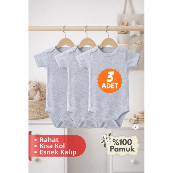 2-12 Yaş 3'lü Gri Bebek Çocuk Body %100 Pamuk Esnek Kalıp Kısa Kol Çıtçıtlı Zıbın ürün görseli 1