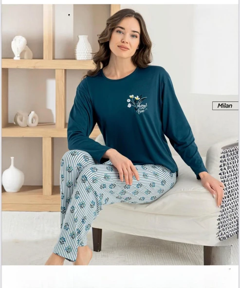 Pijamoni Kadın Milan Bisiklet Yaka Uzun Kol İnce Pijama Takımı 7600/19 - 1 Adet  S - M Petrol ürün görseli 1
