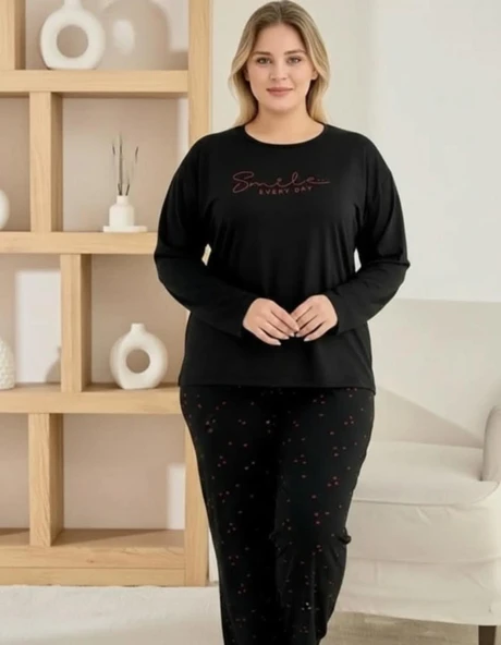 Pijamoni Kadın Milan Büyük Beden Bisiklet Yaka Uzun Kol İnce Pijama Takımı 7666/46 - 1 Adet  Siyah 5XL ürün görseli 1