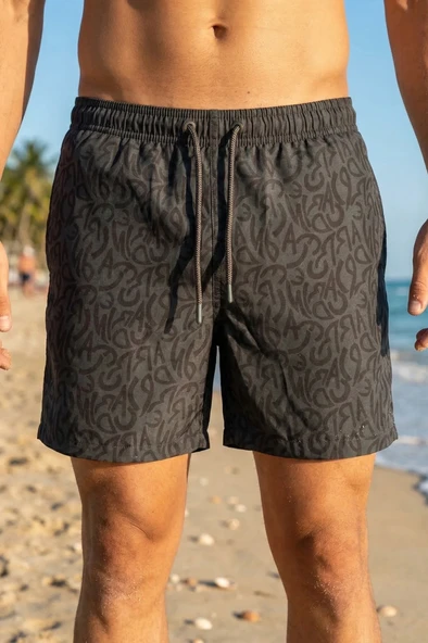 Erkek Deniz Şortu Cepli Pamuklu Polyester Su Yitici Tahriş Etmeyen Astar Desenli Antrasit BS-233 ürün görseli 1