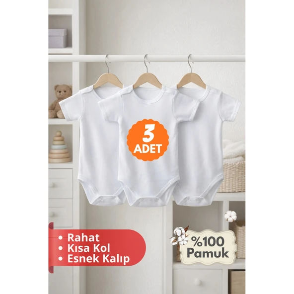 2-12 Yaş 3'lü Beyaz Bebek Çocuk Body %100 Pamuk Esnek Kalıp Kısa Kol Çıtçıtlı Zıbın ürün görseli 1