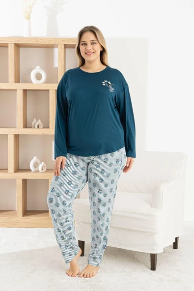 Pijamoni Kadın Milan Büyük Beden Bisiklet Yaka Uzun Kol İnce Pijama Takımı 7666/50 - 1 Adet  4XL Petrol ürün görseli 1