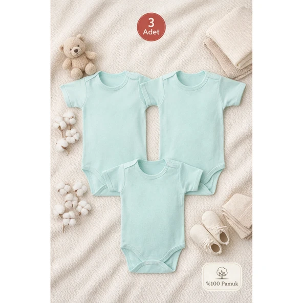 2-12 Yaş 3'lü Yeşil Bebek Çocuk Body %100 Pamuk Esnek Kalıp Kısa Kol Çıtçıtlı Zıbın - Resim 7
