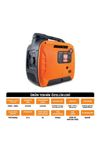 BRANZEG Taşınabilir Profesyonel Sessiz Jeneratör 1.8KW 220V-50Hz 5L Yakıt Haznesi ürün görseli 1