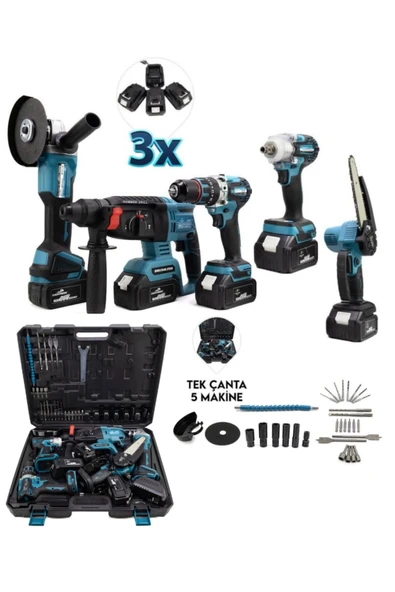 BRANZEG Beşli 5'Li Şarjlı Matkap Seti Spiral Hilti Budama Somun Sıkma Kömürsüz Motor 3X Batarya ürün görseli 1