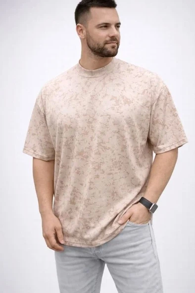Erkek Premium Tişört OSY Yumuşak Dokulu Yıkamalı Oversize T-Shirt - Bej ürün görseli 1
