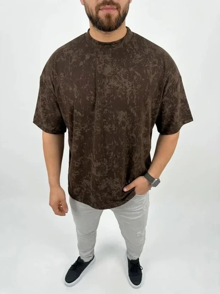 Erkek Premium Tişört OSY Yumuşak Dokulu Yıkamalı Oversize T-Shirt - Kahverengi ürün görseli 1
