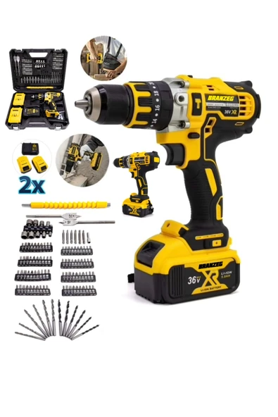 BRANZEG 100 Parça 36V 13MM Çelik Mandrenli Darbeli Şarjlı Matkap Metal Şanzuman Şarjlı Vidalama ürün görseli 1