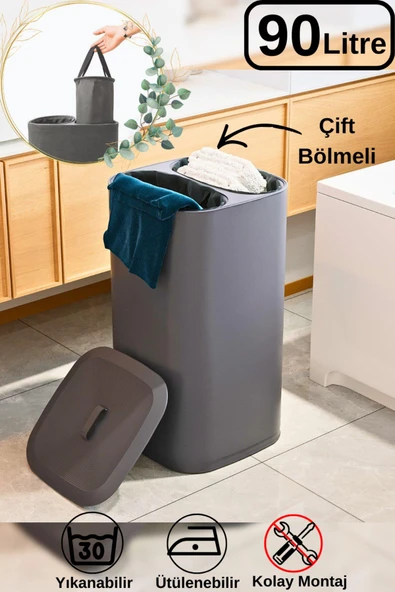 Çift Bölmeli Yıkanabilir Katlanabilir Kumaş Kirli Çamaşır Sepeti Oyuncak Sepeti Organizer 90 Litre ürün görseli 1