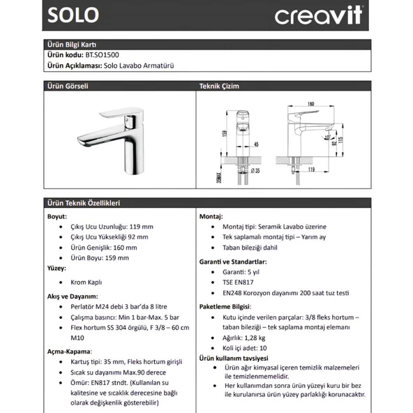 Solo Krom Lavabo Bataryası SO1500 - Resim 2