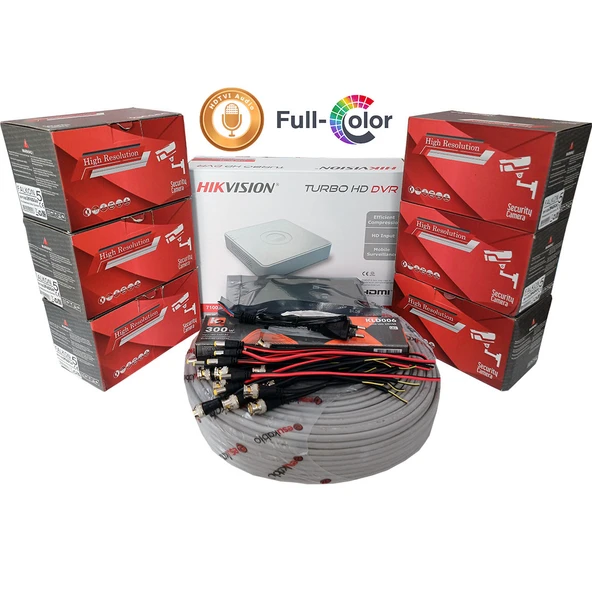 Hikvision 6'lı Full HD Güvenlik Kamerası Seti Mikrofonlu, Renkli Gece Görüşlü, Olay Anında Bildirim ürün görseli 1