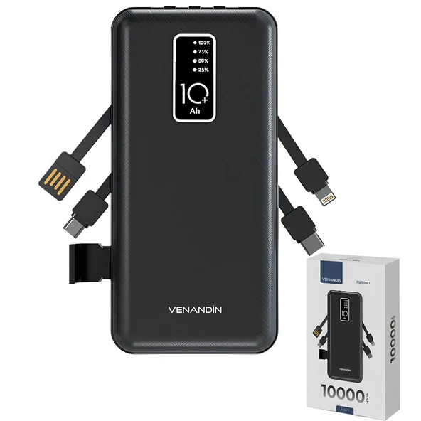 Venandin PWB10C1 10.000 mAh Powerbank 4 ü 1 Arada Entegre Kablolu LED Göstergeli Taşınabilir Şarj Cihazı ürün görseli 1