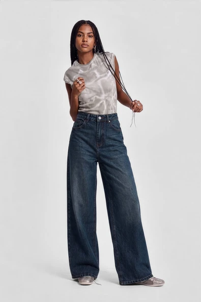 Kadın İndigo Yüksek Bel Culotte Fit Wideleg Jean Pantolon ürün görseli 1