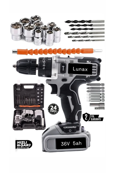 Kimmeer Plus 36 V 5 Ah metal şanzıman çift akülü darbeli şarjlı matkap 24 parça akülü vidalama seti ürün görseli 1
