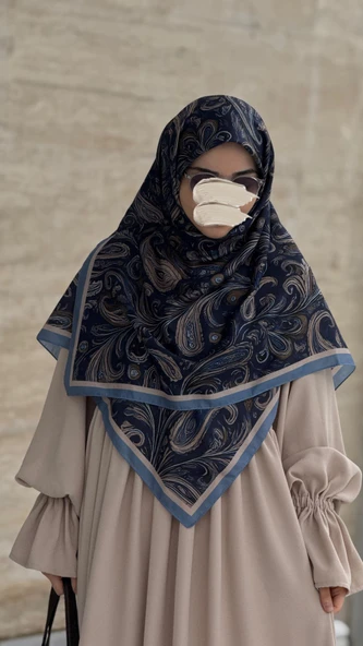 Pamuklu Soft Açelya Desen Eşarp-Lacivert - Resim 10