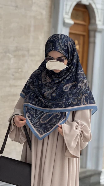 Pamuklu Soft Açelya Desen Eşarp-Lacivert - Resim 8