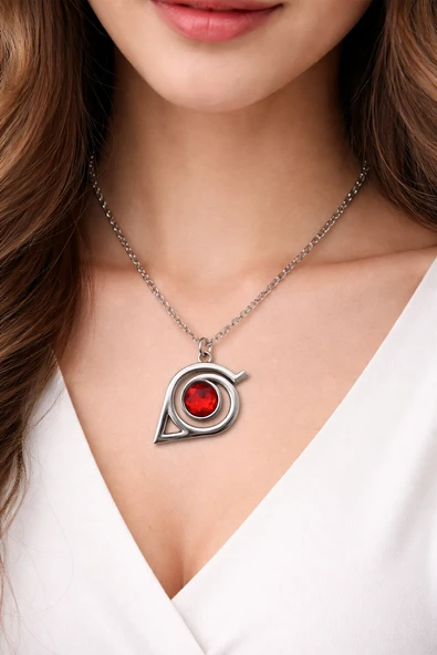Naruto Konoha Sharingan Kolye Gümüş Renk 60 cm Unisex Metal Zincir ürün görseli 1