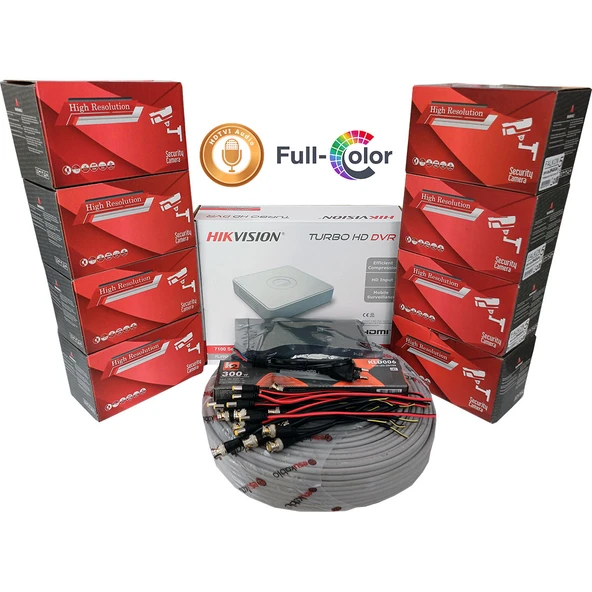 Hikvision 8'li Full HD Güvenlik Kamerası Seti Mikrofonlu, Renkli Gece Görüşlü, Olay Anında Bildirim ürün görseli 1