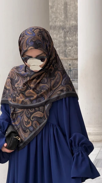 Pamuklu Soft Açelya Desen Eşarp-Morcivert Siyah - Resim 12