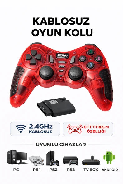 Kablosuz Oyun Kolu 2.4GHz  PC, PS1, PS2, PS3, TV Box ve Android Uyumlu  Çift Titreşimli Gamepad ürün görseli 1