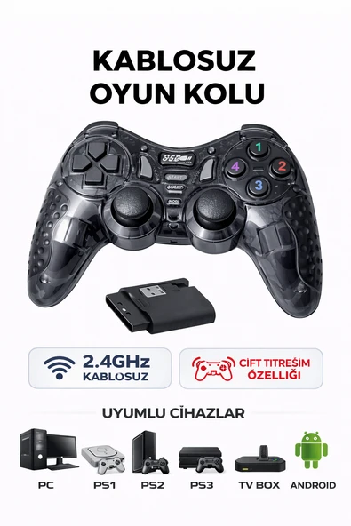 Kablosuz Oyun Kolu 2.4GHz  PC, PS1, PS2, PS3, TV Box ve Android Uyumlu  Çift Titreşimli Gamepad ürün görseli 1