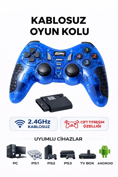 Kablosuz Oyun Kolu 2.4GHz  PC, PS1, PS2, PS3, TV Box ve Android Uyumlu  Çift Titreşimli Gamepad ürün görseli 1
