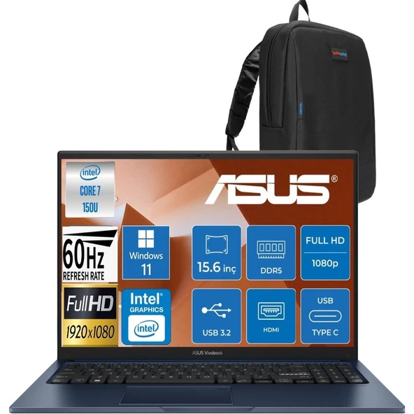 Vivobook 15 Vivobook 15 X1504VA Intel® Core™ 7 150U 8gb Ddr5 512GB SSD Intel Graphic Gpu 15,6 Inç Fullhd (1920 x 1080) Windows 11 Taşınabilir Bilgisayar BQ5456+CIMETEÇANTA ürün görseli 1