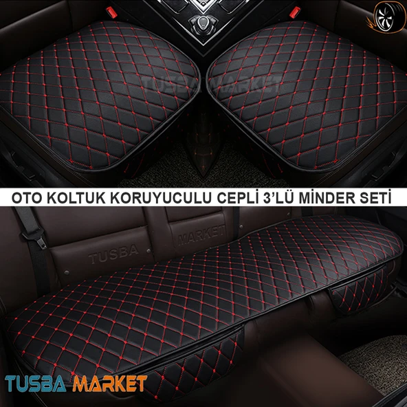 Oto Koltuk Koruyucu Cepli Üçlü Minder Seti / Lüks Kapitone Siyah Deri & Kırmızı Nakışlı ürün görseli 1