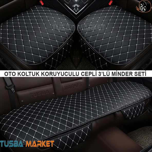 Oto Koltuk Koruyucu Cepli Üçlü Minder Seti / Lüks Kapitone Siyah Deri & Beyaz Nakışlı ürün görseli 1
