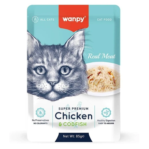 Wanpy 85 gr Pouch Tavuklu & Morina Balıklı Yaş Ked i Maması   Skt:08/2026 ürün görseli 1