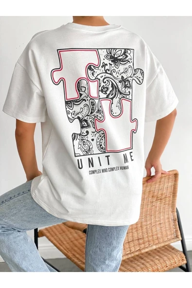BUTİK AYVİTRİN Unisex Yap-boz Baskı Tişört Beyaz ürün görseli 1