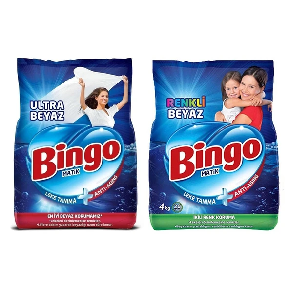 Bingo Matik Ultra Beyaz 4 kg + Renkli Beyaz 4 kg Toz Çamaşır Deterjanı 2 li Set ürün görseli 1