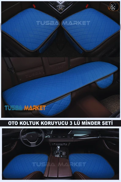 Otomobil Koltuk Koruyucu Cepli Üçlü Minder Seti / Lüks Kapitone Mavi Deri Ön-Arka Oto Koltuk Minder ürün görseli 1
