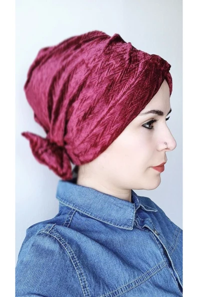 BUTİK AYVİTRİN Kadın Kadife Fiyonklu Bone Vişne ürün görseli 1