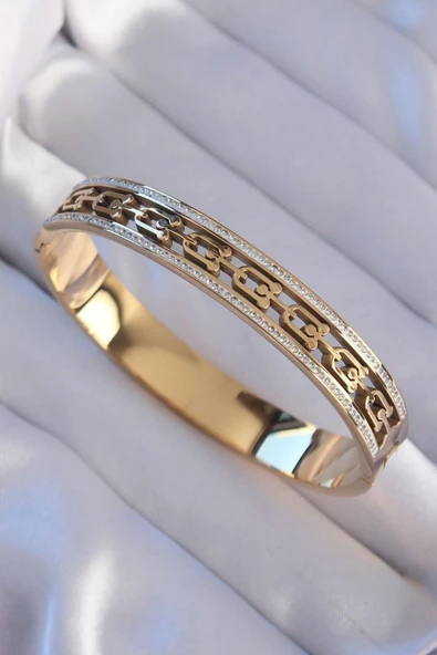 BUTİK AYVİTRİN 316L Çelik Gold Renk Zirkon Taşlı Kelepçe ürün görseli 1