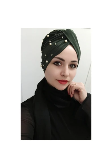 BUTİK AYVİTRİN Kadın Tesettür Incili El Ile Dolama Bone Haki ürün görseli 1