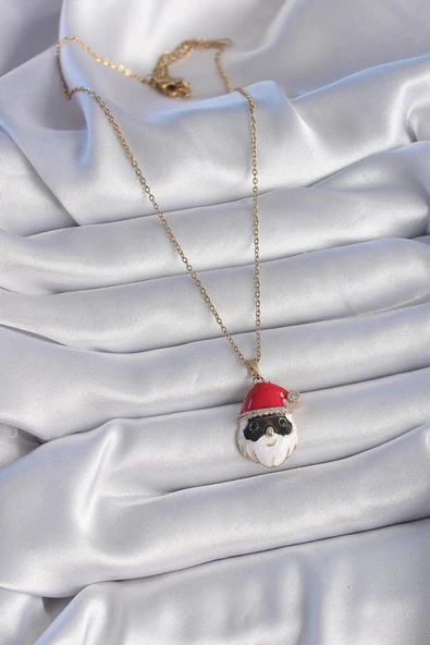 BUTİK AYVİTRİN 316L Çelik Gold Renk Zincir Zirkon Taşlı Yılbaşı Temalı Noel Baba Figür Kadın Kolye ürün görseli 1
