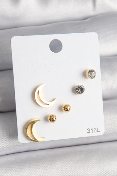 BUTİK AYVİTRİN 316L Çelik Zirkon Taşlı Hilal Model Kadın Küpe Seti ürün görseli 1