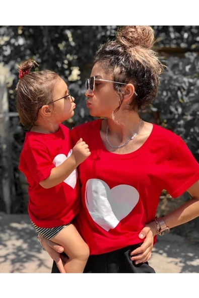 BUTİK AYVİTRİN Anne Kız Çocuk Kombin Kırmızı Tişört Tek Fiyatıdır ürün görseli 1