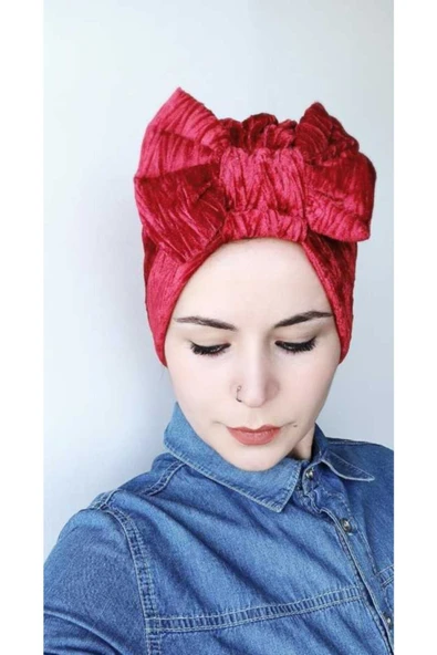 BUTİK AYVİTRİN Kadın Bordo Kadife Fiyonklu Bone ürün görseli 1