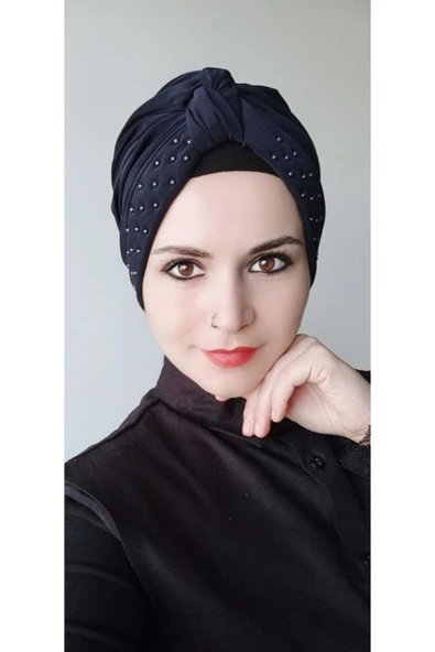 BUTİK AYVİTRİN Kadın Lacivert Tesettür İnci Düğüm Bone ürün görseli 1