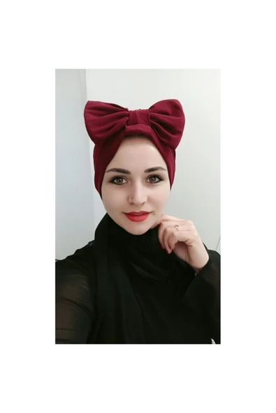 BUTİK AYVİTRİN Kadın Tesettür Fiyonklu Çift Taraflı Bone Bordo ürün görseli 1