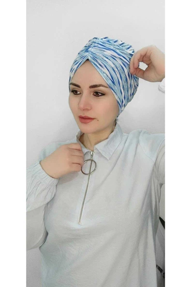 BUTİK AYVİTRİN Kadın Tesettür Simli Büzgülü Trend Bone Su Mavisi ürün görseli 1