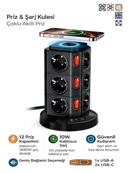 Kule Tipi Akım Korumalı Priz 12li Çoklu Priz 3 USB Wireless Şarj Type-C Uzatma Kablosu Ofis Ev ürün görseli 1